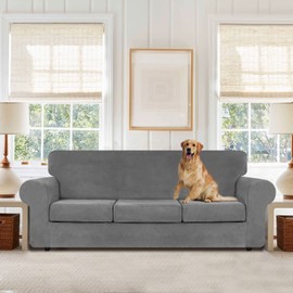 WEERRW 4 Pieces Velvet High Stretch Couch Covers for 3 Cushion Couch Sofa Slipcovers, Washable Furniture Protector with Non Slip Elastic Bottom, Feature Soft and Thick Plush Fabric, Light Grey, Large