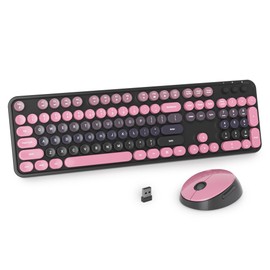 iRoboosta Pink Wireless Keyboard and Mouse Combo, 2.4GHz Creamy Keyboard Mouse Wireless, Retro Key Board with Round Keycaps, Cute Key Board Home and Office Aesthetic Keyboards (Gradient Black Pink)