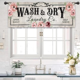Kalmico Rustic Flower Laundry Room Curtain Valance 54W x 18L Inch Farmhouse Country Rural Spring Wash Dry Rod Pocket Short Cafe Small Window Treatment Drapes Decor