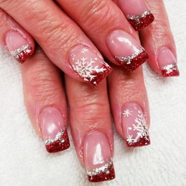 24Pcs Christmas Fake Nails French Tip Press on Nails Short Square Snowflake Glue on Nails with Rhinestones Designs Red Glitter Nail Tips Acrylic False Nails for Women Girls Winter Manicure