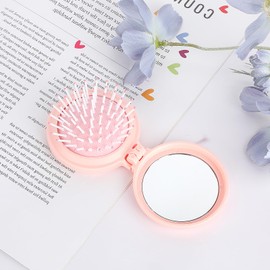 Travel Hair Brush with Mirror, Folding Mini Hair Brush Round Pocket Brushes Compact Travel Brushes for Hairs, Foldable Mini Purse Mirror Portable Massage Comb for Women and Girls, Pink