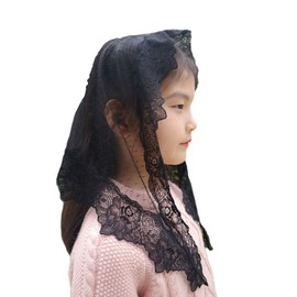 FANFAN Triangle Veil for Little Girls - Black Lace Mantilla Chapel Veil for Latin Mass