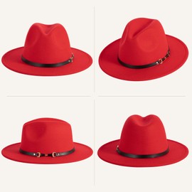 Verabella Wide Brim Hats for Women Women's Felt Fedora Hat with Belt Buckle Trilby Hat,Red L/XL