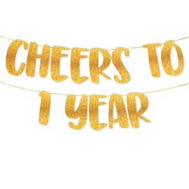 TOYVENTURES Cheers to 1 Year Gold Glitter Banner - Happy 1st Birthday Party Decorations 8 Feet, 1st Wedding Anniversary Party Supplies - Milestone Celebration Decor - Pre-strung, No DIY Required
