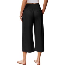 Ekouaer Womens Pajama Pants Wide Leg Capri Yoga Pants Lounge Comfy Sleep Pj Bottoms with Pockets Black S