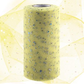 Swpeet 6 Inch by 50 Yards Faint Yellow Glitter Tulle Fabric Roll, Fabric Spool Sparkling Tulle Ribbon, Netting Polyester Spool for DIY Birthday Party Wedding Decorations Christmas Craft Supplies
