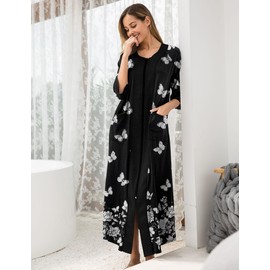 Ekouaer Women's Zipper Robe 3/4 Sleeve Housecoats Full Length House Dress Loungewear Long Nightgown with Pockets Black Butterfly,X-Large