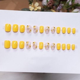 24 Pcs Yellow Press on Nails Short Square Flower Nail Tips,YEFIUO Artificial Acrylic Nail Art Kit Fake Nails Press ons Glue on Nails Full Cover Reusable False Nails Stick on Nails Supplies for Women