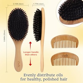 Cepillo de pelo 100% de cerdas de jabalí, cepillo de pelo de bambú natural para hombres y mujeres, promueve el crecimiento del cabello, incluye bolsa 