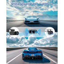 Dynacam DYNACAM Dash Cam Front and Rear 4K+1080P, Dash Cam Inserted 64GB SD Card, Built-in WiFi Dash Camera for Cars, Super Night Vision Dashcam, 24H Parking Mode, G-Sensor, Loop Recording Car Camera