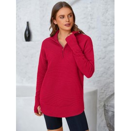 PRETTYGARDEN Womens Long Sleeve Quarter Zip Pullover Sweater Casual Loose V Neck Collared Ribbed Knit Jumper Tops Thumb Hole(Red,X-Large)