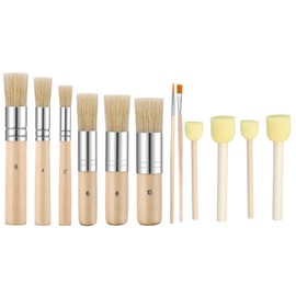 Stencil Brush and Sponge Brush, 6 Pig Hair Brushes, 4 Paint Sponges, 2 Wooden Liner Brushes, for Acrylic Painting, Watercolor, and Stencil Projects