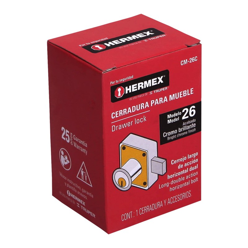 Hermex CM-26C, Cerradura para mueble con cilindro de 29mm, acción