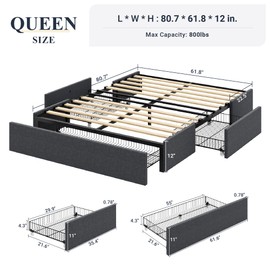 Allewie Queen Size Platform Bed Frame with 3 Storage Drawers, Fabric Upholstered, Wooden Slats Support, No Box Spring Needed, Noise Free, Easy Assembly, Dark Grey