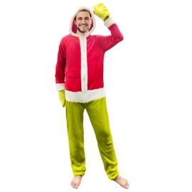 ATAMET Santa Stole Costume Jumpsuit Big Green Monster Adult Thief Pajamas (small, Red and Green)