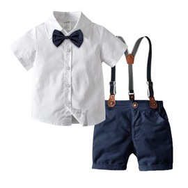 Odizli Children's Baby Boys' Short-Sleeved Shirt + Braces + Bow Tie + Shorts 4-Piece Clothing Sets Gentleman Suit Set Photo Shooting, Dark blue short