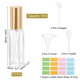 PATIKIL Travel Perfume Bottle Refillable, 10 Pcs 10ml Travel Size Mist Perfume Bottle Empty Glass Sprayer with Labels Funnel Pipette for Liquid Essential Oil, Clear/Gold Tone