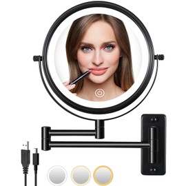 LANSI Wall Mounted Makeup Mirror with Lights, 8" Bathroom Vanity Magnifying Mirror Wall Mount with 1X/10X Magnification and Extendable Arm,Black
