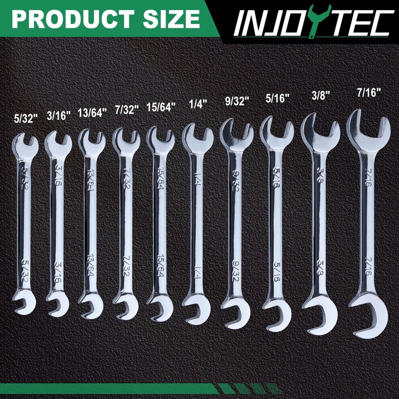 INJOYTEC Super-Thin Open End Wrench Set SAE 10-Piece Including 5/32",