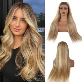 Highlight Blonde Lace Front Wigs Human Hair 180% Density 13X6 HD Transparent Glueless Wigs Human Hair for Women 28 Inch Ombre Highlights Brown to Blonde Lace Front Wig Pre Plucked with Baby Hair
