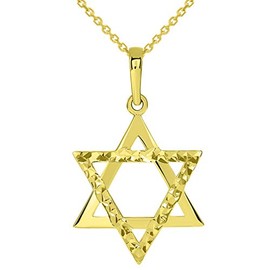 Jewelry America 14k Yellow Gold High Polished and Sparkle Cut Hebrew Star of David Pendant Necklace, 16"