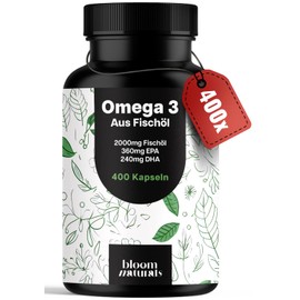 Omega 3 Kapseln Hochdosiert - 400 Kapseln mit 2000mg - EPA 360mg & DHA 240mg Fischöl pro Tagesportion - Omega 3 Fettsäuren Kapseln, produziert in Deutschland