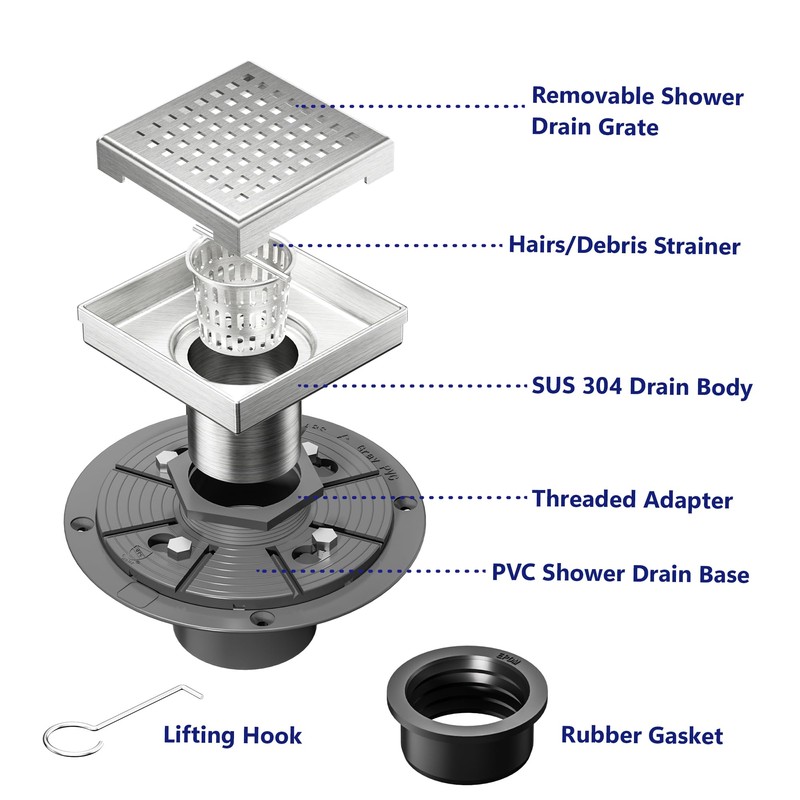 Neodrain 4-Inch Square Shower Drain with Removable Quadrato Pattern Grate,