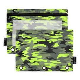 Coikll Green Black Camo Pencil Pouch Fits Standard 3-Ring Binders, Zipper Binder Pencil Bag with Clear Window for Class Office 2 Pack