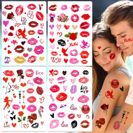 Valentine's Day Kiss Tattoos Temporary Red Lips Fake Tattoos Self-adhesive Waterproof Stickers for Adult Women Girls Face Body Decoration