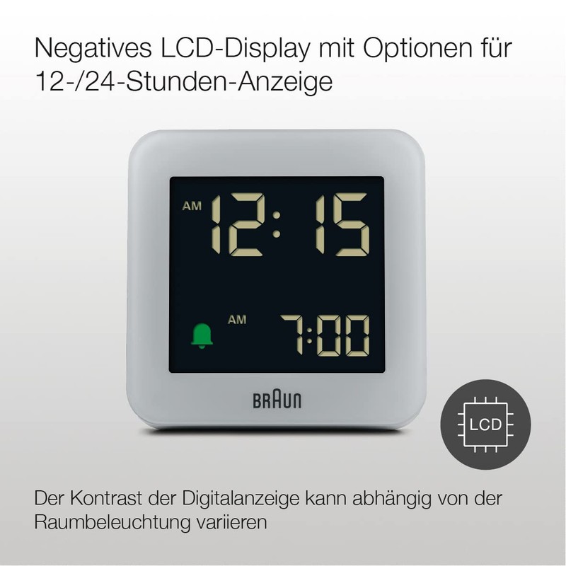 Braun Digital Alarm Clock with Snooze, Negative LCD Display, Quick