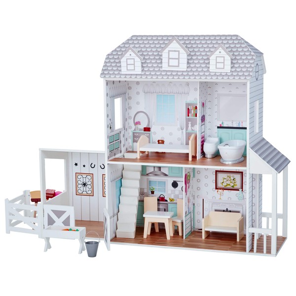 Teamson Kids - Dreamland Farm House Wooden Pretend Play Doll House Dollhouse For 12" Doll with 14 Pieces of Furniture - White / Gray