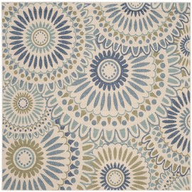 SAFAVIEH Veranda Collection VER091 Boho Floral Indoor/ Outdoor Non-Shedding Easy Cleaning Patio Backyard Porch Deck Mudroom Area Rug, 5'3" x 5'3" Square, Cream / Green