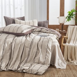 Simple&Opulence 100% Cotton Duvet Cover Set King Size, 3Pcs Khaki Boho Vintage Embroidered Stripe Bedding Set with Button Closure, Soft and Breathable Textured Comforter Cover for All Seasons