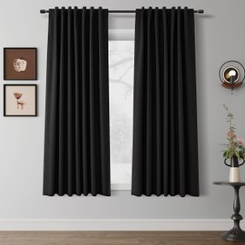 100% Blackout Linen Curtains Black Textured Window Curtains 63 Inches Long 2 Panel Sets Room Darkening Sound Proof Thermal Insulated Curtain for Living Room Bedroom Nursery Back Tab Rod Pocket