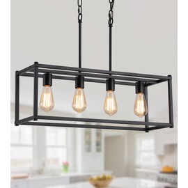 AMZASA Black Rectangle Island Lighting Rectangular Modern Industrial Chandelier 4 Lights Linear Vintage Cage Light Fixtures for Kitchen Dining Room (Height Adjustable)