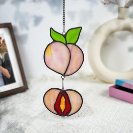 EPOGIFTS Peach Decor Stained Glass Suncatcher for Window Hanging,Peach Themed Gifts for Women,Peach Stained Glass Decor for Bathroom Bedroom Living Room Kitchen