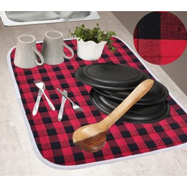 2-Piece Dish Drying Mat Set Extra Large 18"x24" Buffalo Classic Check Plaid - Red Black,Dish Drying Mat,Buffalo Check Drying Mat,Buffalo Plaid Drying Mat, Plaid Drying Mat,Large Dish Mat Drying