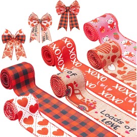 Haooryx Pack of 6 Valentine's Day Ribbons Wired Edge Ribbons Love Xoxo Bear Heart Romance Red Black Grid Wrapping Ribbon Valentine's Day Wedding Anniversary Marriage Proposal Marriage Celebration