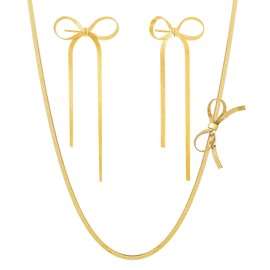 SLOONG 2pcs Bow Earrings Necklace Gold Silver Flower Ribbon Bow Stud Earrings 14K Gold Plated Dangle Earrings Delicate Gift for Women (Style2 Snake Necklace+Earring)