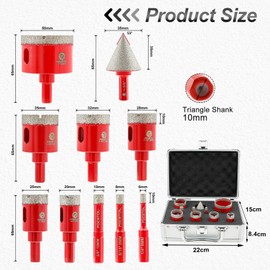 Diamond Core Drill Bits Set - FOCSTOL 10pcs (6/8/10/20/25/28/32/35/50mm+35mm Beveling Chamfer Bit) Hole Saw Kit with Triangle Shank for Porcelain Tile Ceramic Granite Marble
