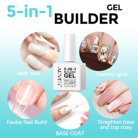 Builder Gel, 5 in 1 Nail Builder Gel and Base Gel Strengthener Gel Builder Clear and Pink Gel Color in a Bottle 15ml Hard Gel Builder Extension Nail Without Builder Gel Nail Forms