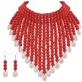 Coiris Boho African Acrylic Beaded Bib Statement Necklace Strands With Shell Layered Cluster Chunky Collar Choker Necklace for Women Fashion Costume Jewelry (N0065-Red+Shell