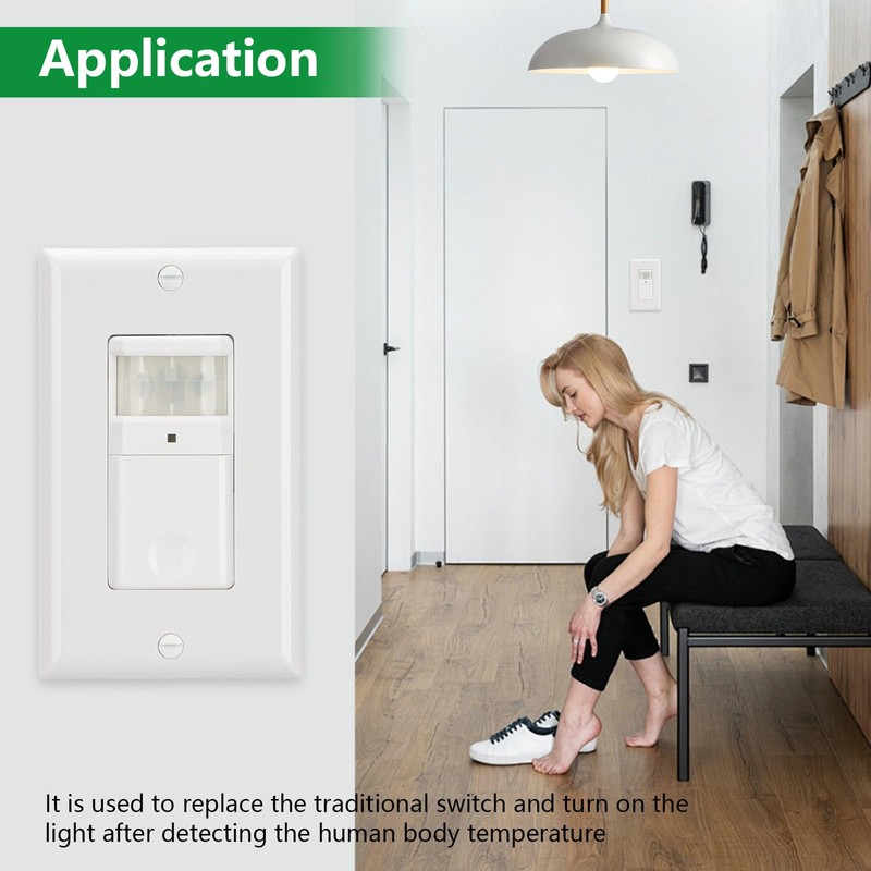 Wengart PIR Motion Sensor Light Switch BAG-001,120VAC Single Pole,180° Sensor