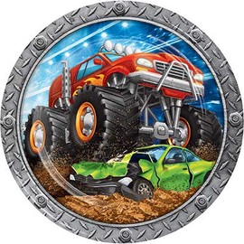 Club Pack Monster Truck Birthday Printed 9in Round Paper Plates, Box of 96