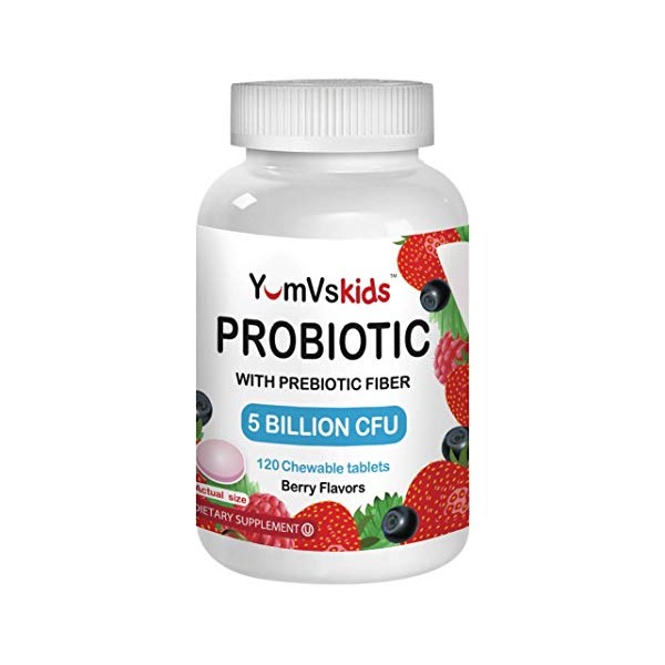 Probiotic with Prebiotic Fiber Chewables for Kids by YumVs | 5 Billion CFU Probiotic Supplement for Children | Immune System & Digestive Support | Natural Berry Flavor-120 Count