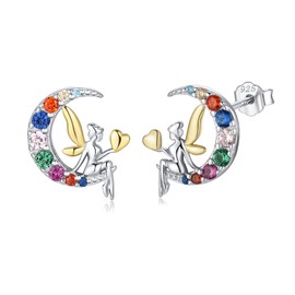 Girls Animal Earrings Sterling Silver 925 - Qings Cute Fairy Moon Stud Earrings with Colour Cubic Zirconia Small Elf Angle Wings Studs Birthday Christmas Gifts for Women Girls Daughter