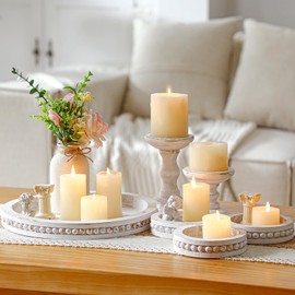 Mumufy 6 Pack Wood Candle Holder Rustic Decorative Beaded Candle Tray Round White Washed Candle Stick Holders Farmhouse Table Centerpiece for Fireplace Dining Home Coffee Table Decor