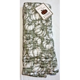 DREAM HOME KITCHEN TOWELS (2) PUMPKINS SAGE GREEN 18 X 28 100% COTTON GAUZE NIP