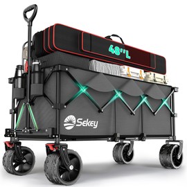 Sekey 48''L Collapsible Foldable Extended Wagon with 440lbs Weight Capacity, Heavy Duty 300L Folding Utility Garden Cart with Big All-Terrain Beach Wheels & Drink Holders. Grey