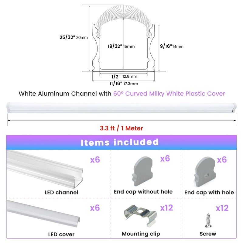 Muzata 6Pack 3.3FT/1M Excellent Spotless LED Channel LED Strip Diffuser
